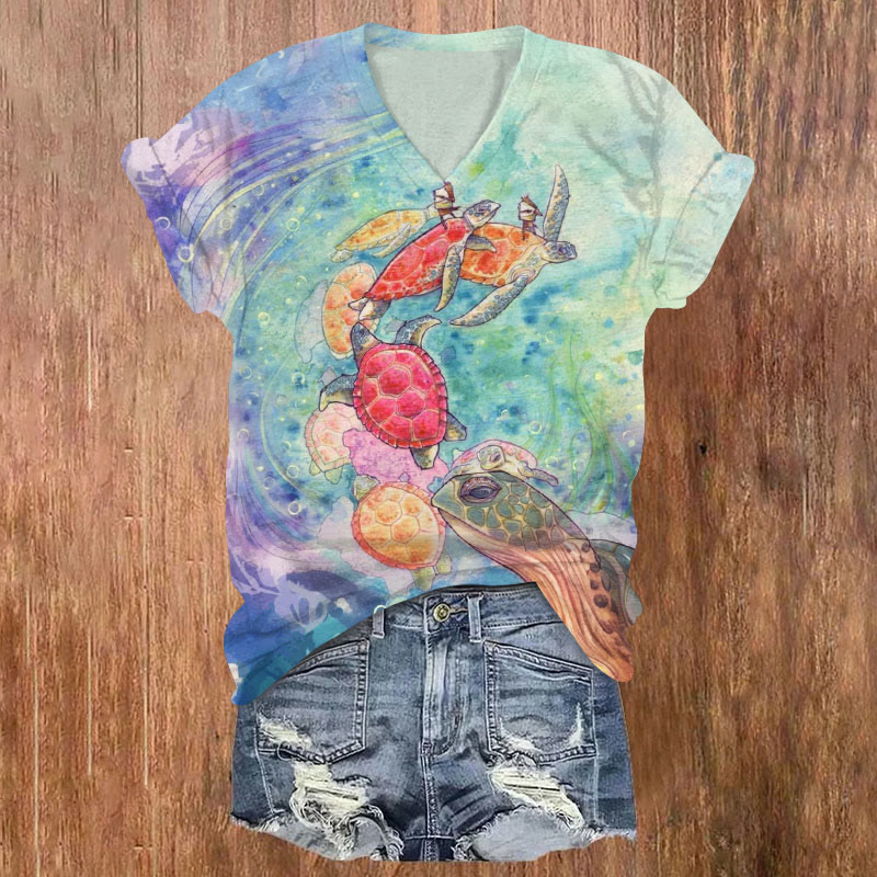 Contrast Watercolor Turtle Print V-neck T-shirt - Multicolor - US32-34(5XL) - image 1