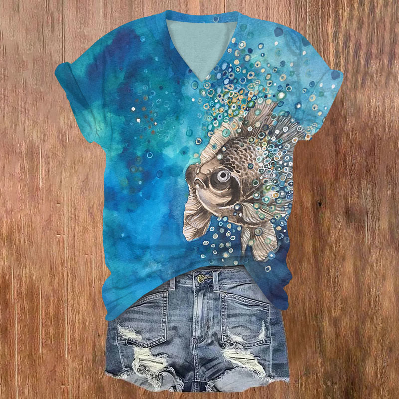 The Disappearing Goldfish Print V-neck T-shirt - Blue - US32-34(5XL) - image 1