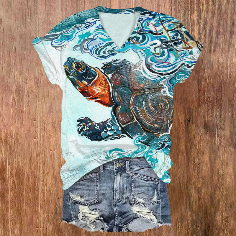Japanese Style Turtle In Waves Print V-neck T-shirt - Blue - US32-34(5XL) - image 1