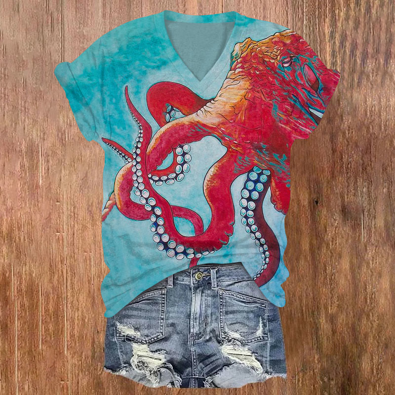 Contrast Color Smudge Octopus Print V-neck T-shirt - Blue - US32-34(5XL) - image 1
