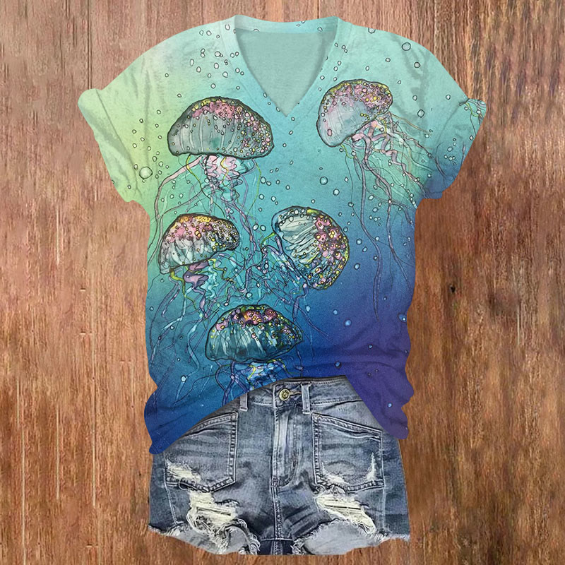 Contrast Ombre Octopus Print V-neck T-shirt - Blue - US32-34(5XL) - image 1