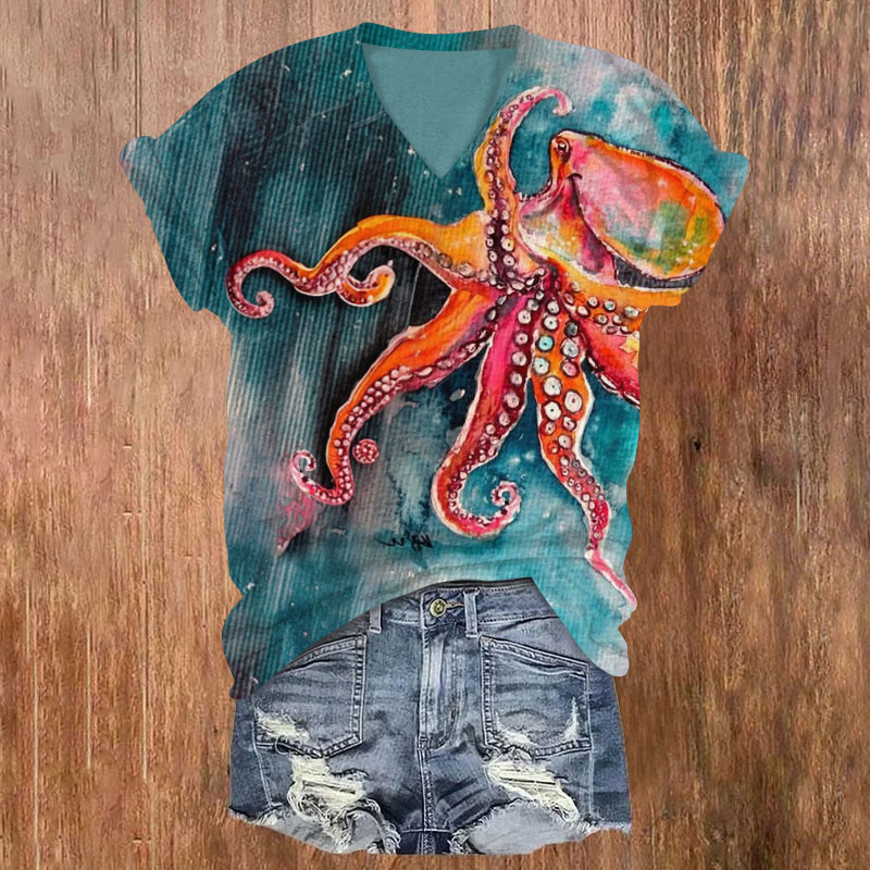 Watercolor Contrast Octopus Print V-neck T-shirt - Green - US32-34(5XL) - image 1