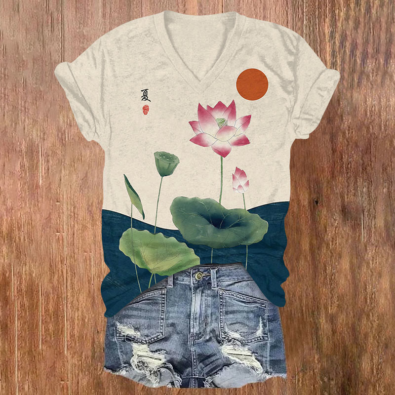 Japanese Art Lotus Print V-neck T-shirt - Apricot - US32-34(5XL) - image 1