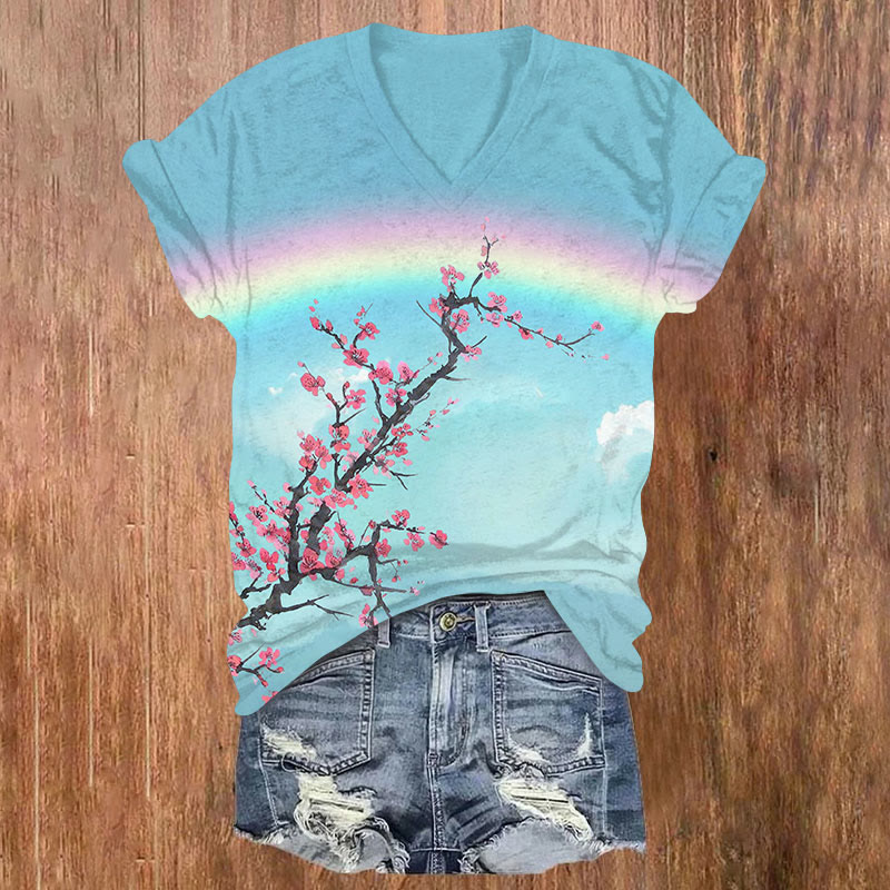 Japanese Art Rainbow And Plum Blossom Print V-neck T-shirt - Blue - US32-34(5XL) - image 1