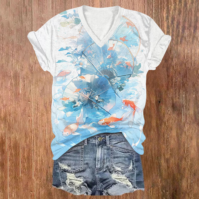Japanese Art Gold Fish Print V-neck T-shirt - Blue - US32-34(5XL) - image 1