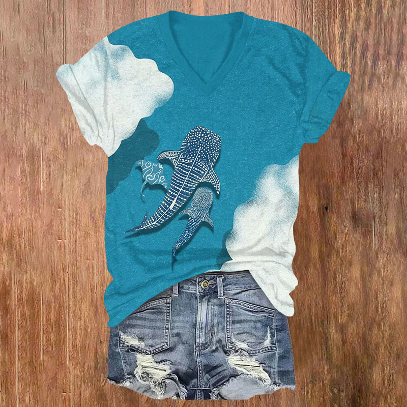 Ocean Whale And Manta Print V-neck T-shirt - Blue - US32-34(5XL) - image 1