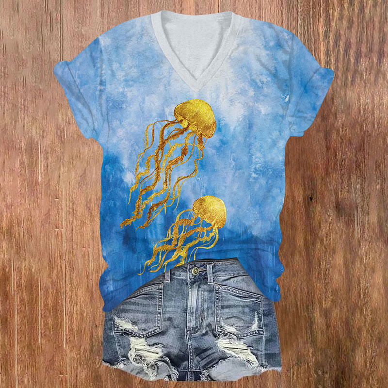 Ocean Jellyfish Print V-neck T-shirt - Blue - US32-34(5XL) - image 1
