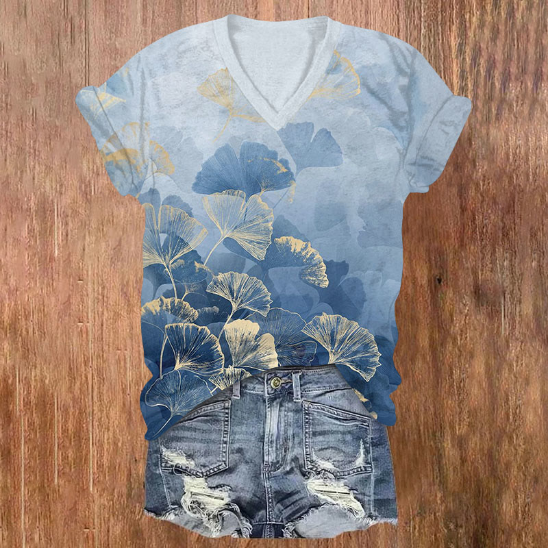 Plants Art Print V-neck T-shirt - Blue - US32-34(5XL) - image 1
