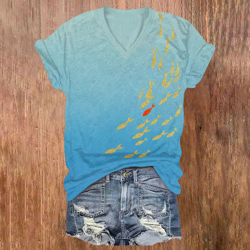 Ocean Fish Print V-neck T-shirt - Blue - US32-34(5XL) - image 1