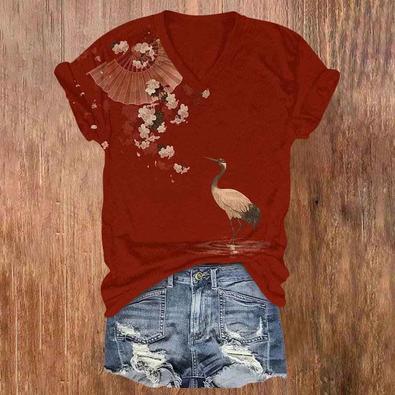 Japanese Art Fan And Crane Print V-neck T-shirt - Red - US32-34(5XL) - image 1