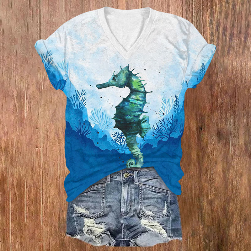 Ocean Coral Seahorse Print V-neck T-shirt - Blue - US32-34(5XL) - image 1