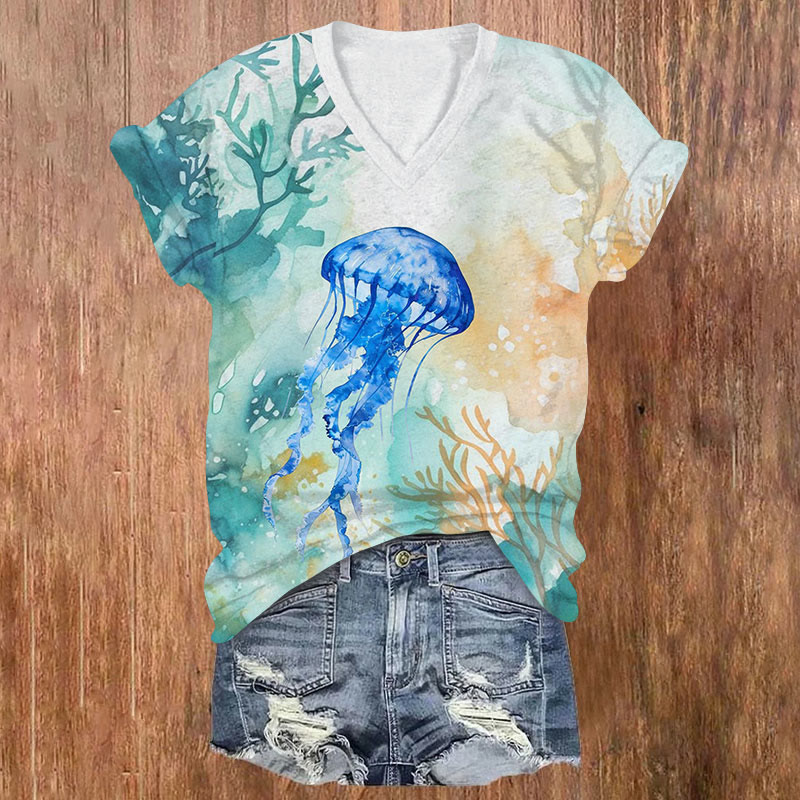 Ocean Coral Jellyfish Print V-neck T-shirt - Green - US32-34(5XL) - image 1