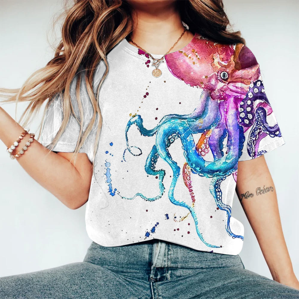 Colorful Watercolor Octopus Print Short-sleeved T-shirt - White - 8XL - image 1
