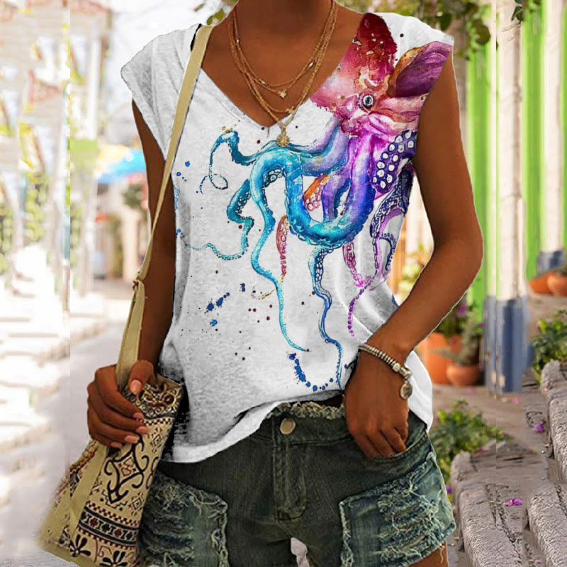 Colorful Watercolor Octopus Print V-neck Tank Top - White - 5XL - image 1
