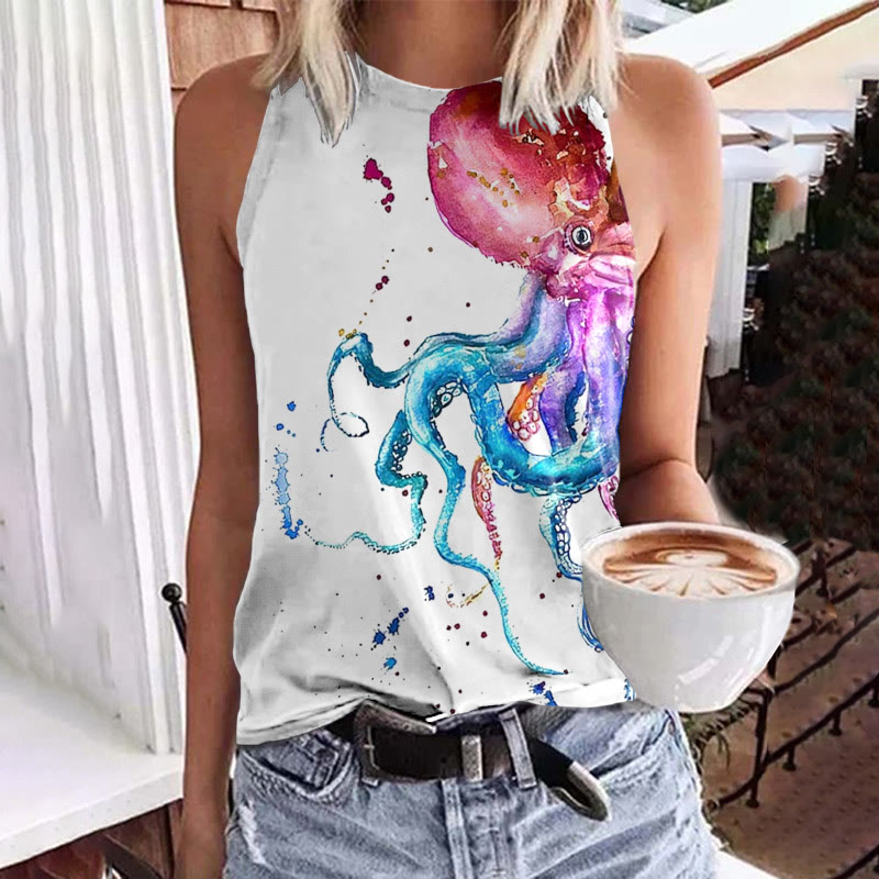 Colorful Watercolor Octopus Print Crew Neck Tank Top - White - 5XL - image 1