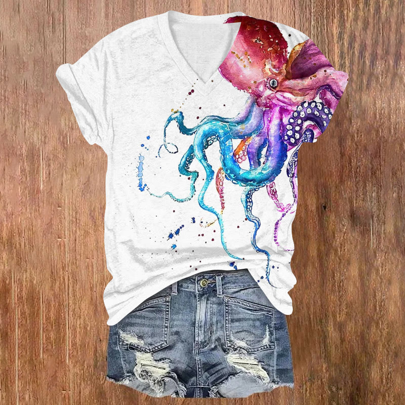 Colorful Watercolor Octopus Print V-neck T-shirt - White - US32-34(5XL) - image 1