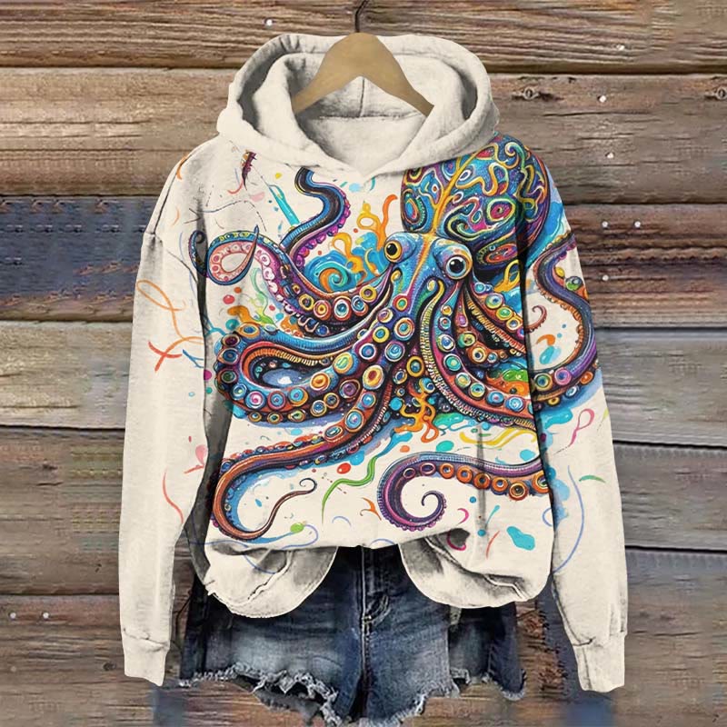 Vintage Rainbow Octopus Art Print Long Sleeve Hoodie - Beige - US44-46(8XL) - image 1