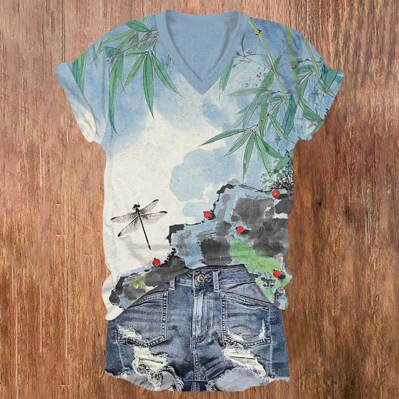 Watercolor Summer Vibes Art Print V-neck T-shirt - Blue - US32-34(5XL) - image 1