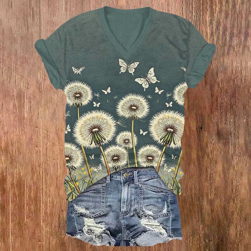 Flying Dandelions & Butterfly Print V-neck T-shirt - Olive Green - US32-34(5XL) - image 1