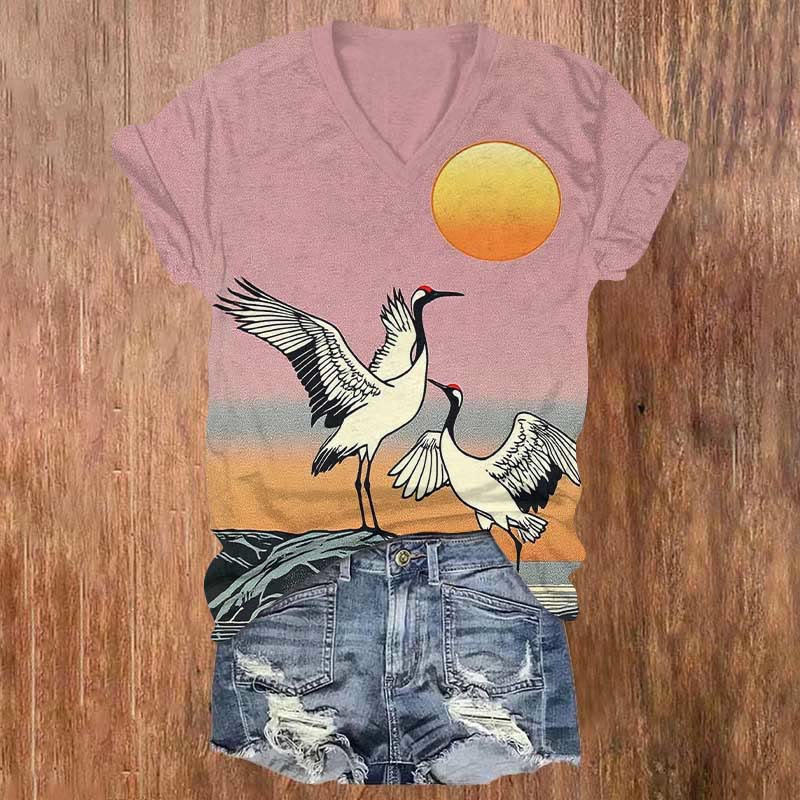 Lovely Couple Crane & Sun Print V-neck T-shirt - Dark Pink - US32-34(5XL) - image 1