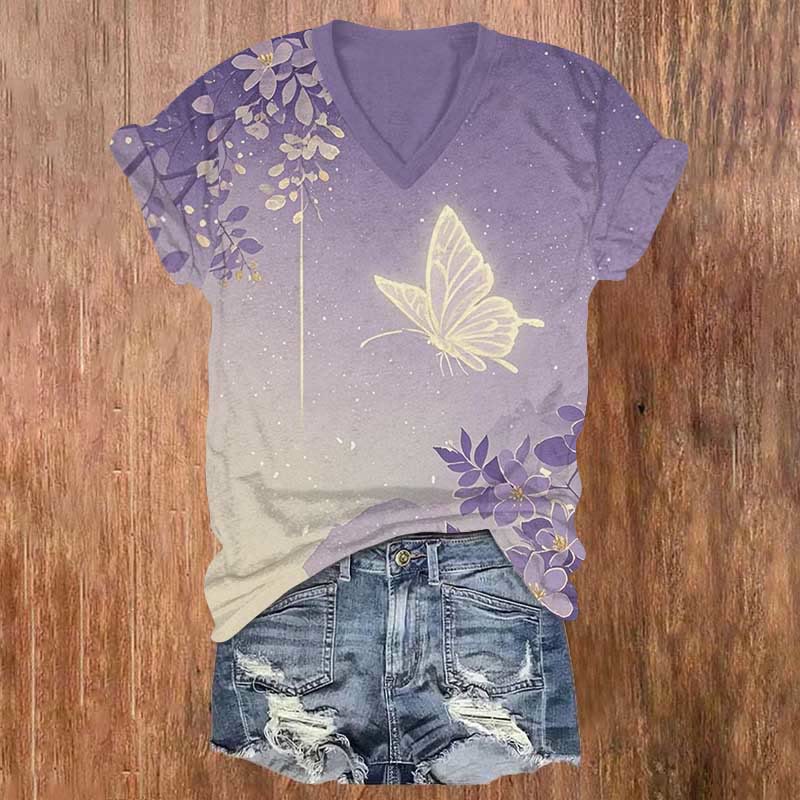Fantasy Starry Butterfly Floral Art Print V-neck T-shirt - Purple - US32-34(5XL) - image 1