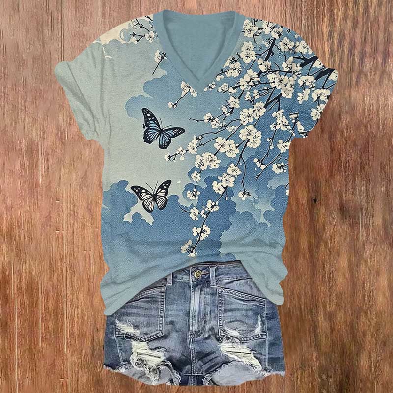 Romantic Pear Blossom & Butterfly Art Print V-neck T-shirt - Blue - US32-34(5XL) - image 1