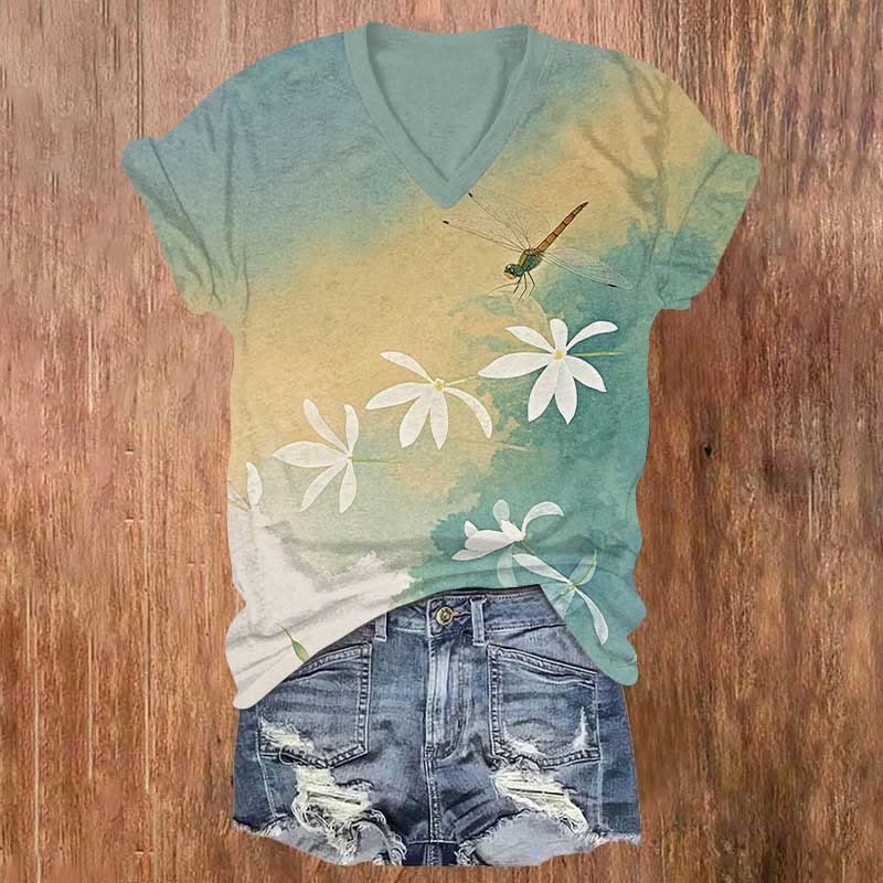 Vintage Dragonfly & Floral Art Print V-neck T-shirt - Light Green - US32-34(5XL) - image 1