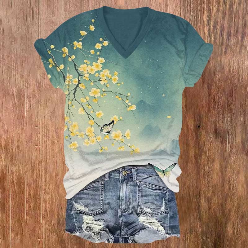 Butterfly & Yellow Flowers Art Print V-neck T-shirt - Blue - US32-34(5XL) - image 1