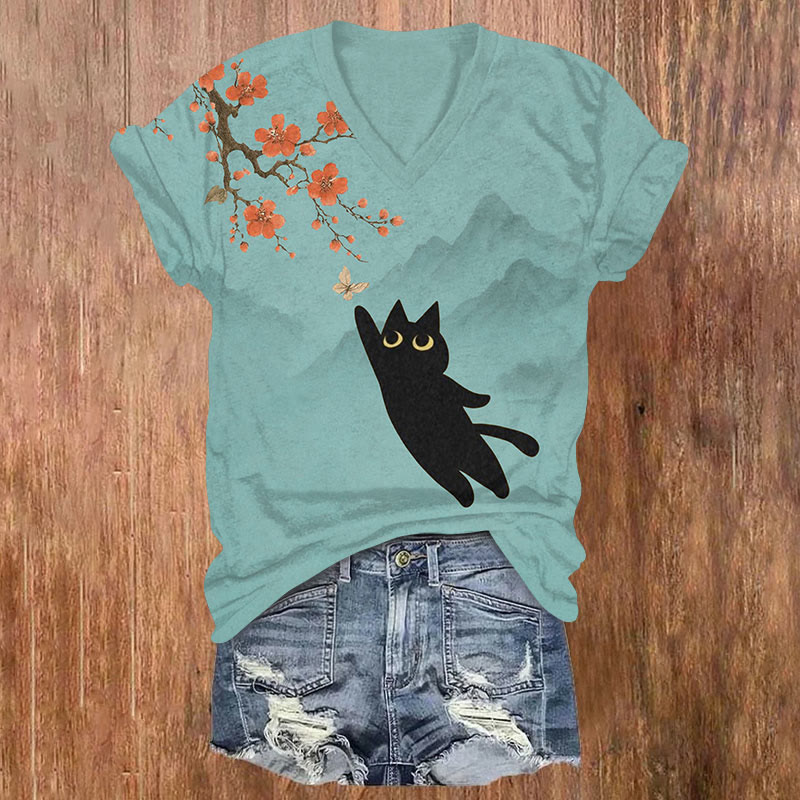 Japanese Funny Black Cat Catching Butterfly Art Print T-shirt - Green - US32-34(5XL) - image 1
