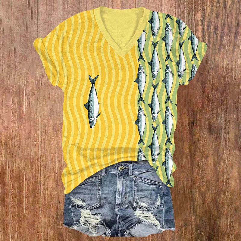 Japanese Funny Sardines Art Print T-shirt - Yellow - US32-34(5XL) - image 1