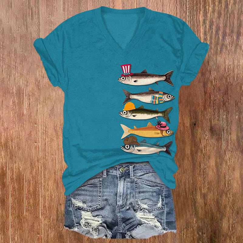 Japanese Funny Fish With Hat Art Print T-shirt - Blue - US32-34(5XL) - image 1