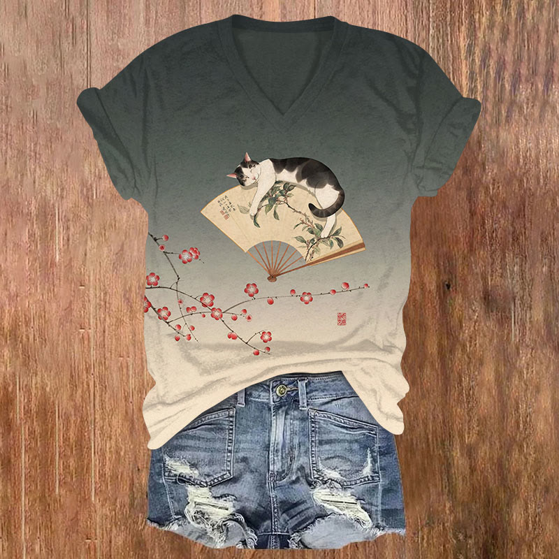 Japanese Sakura & Funny Cat Lying On Fan Art Print T-shirt - Dark Green - US32-34(5XL) - image 1