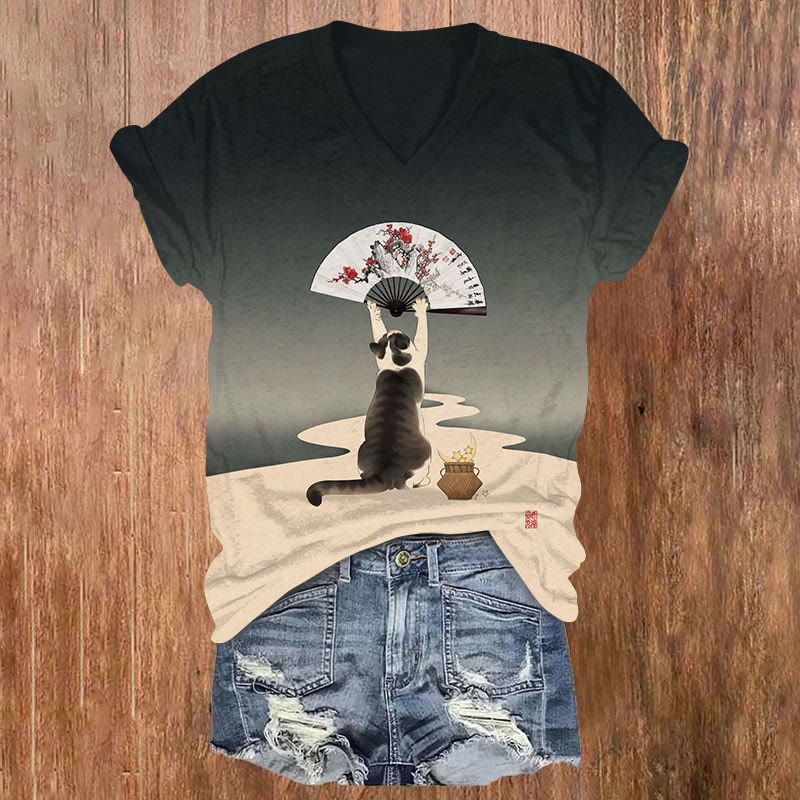 Japanese Cat Holding Floral Fan Art Print T-shirt - Dark Green - US32-34(5XL) - image 3