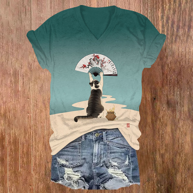 Japanese Cat Holding Floral Fan Art Print T-shirt - Green - US32-34(5XL) - image 1