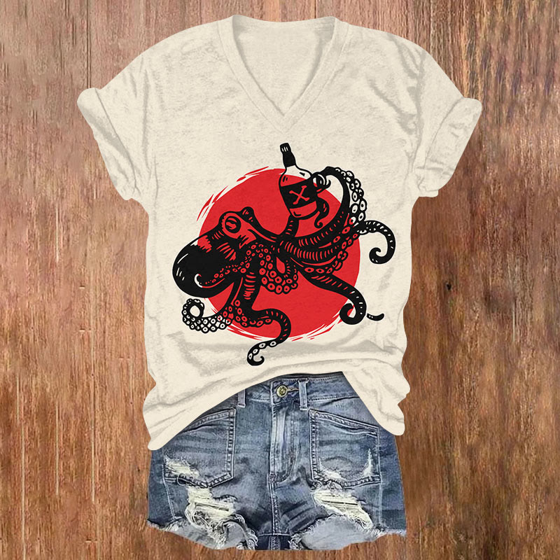Japanese Funny Octopus Holding Wine Bottle Art Print T-shirt - Beige - US32-34(5XL) - image 1