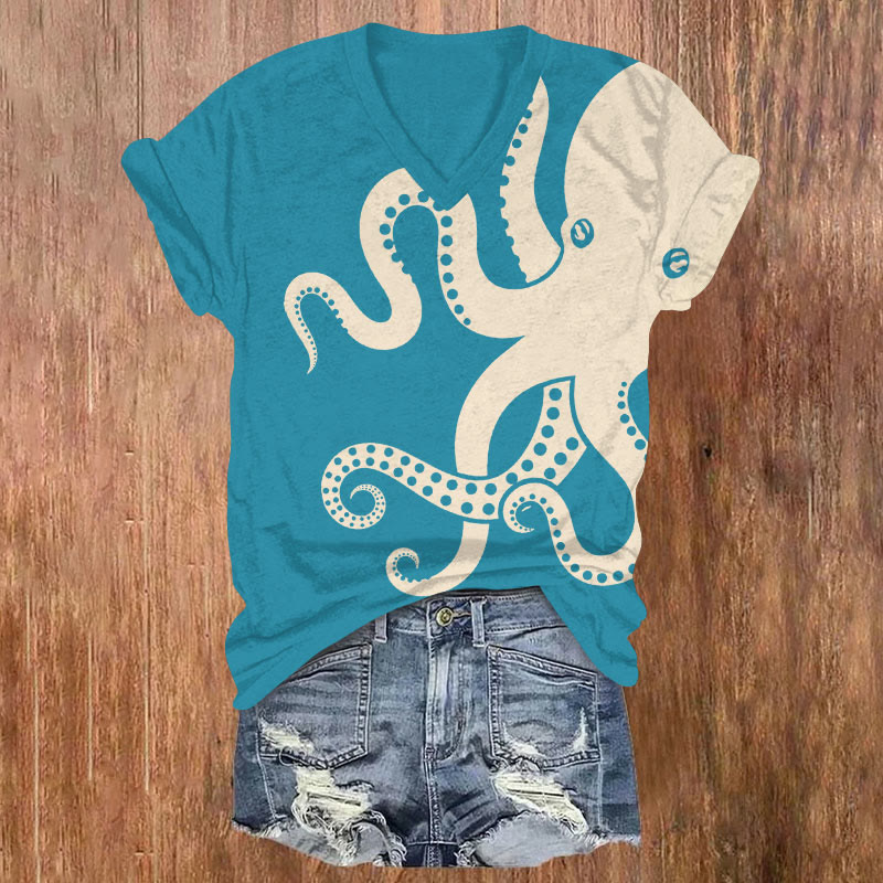 Japanese Funny Abstract Octopus Art Print T-shirt - Sky Blue - US32-34(5XL) - image 3