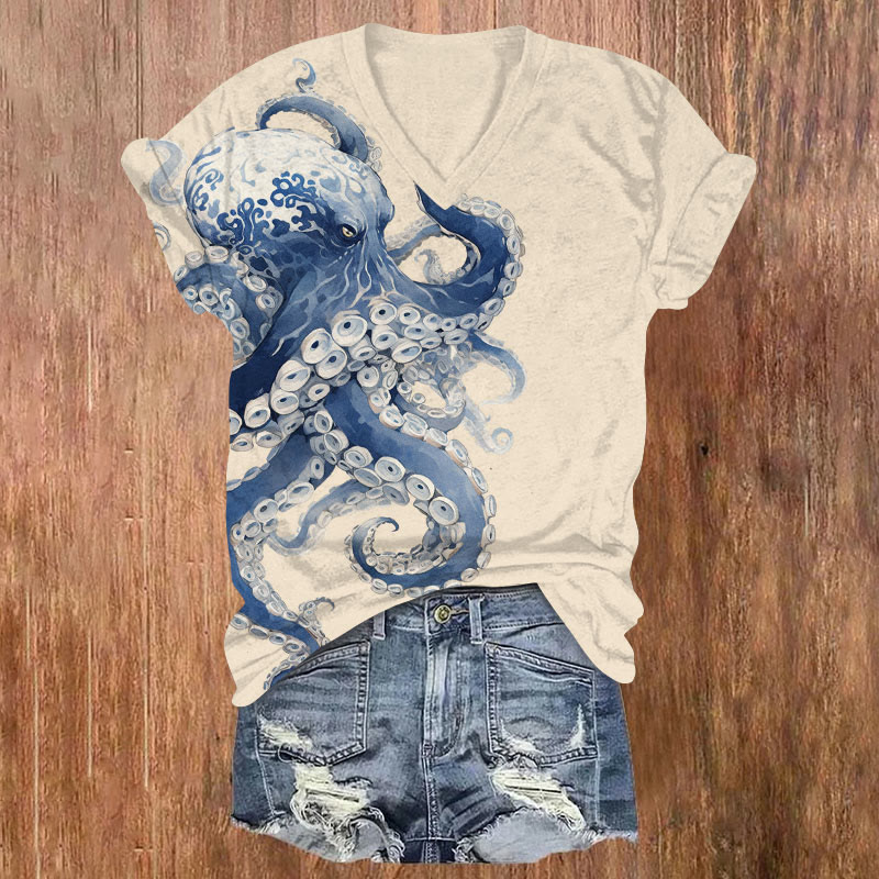 Japanese Vivid Cartoon Octopus Art Print T-shirt - Beige - US32-34(5XL) - image 2