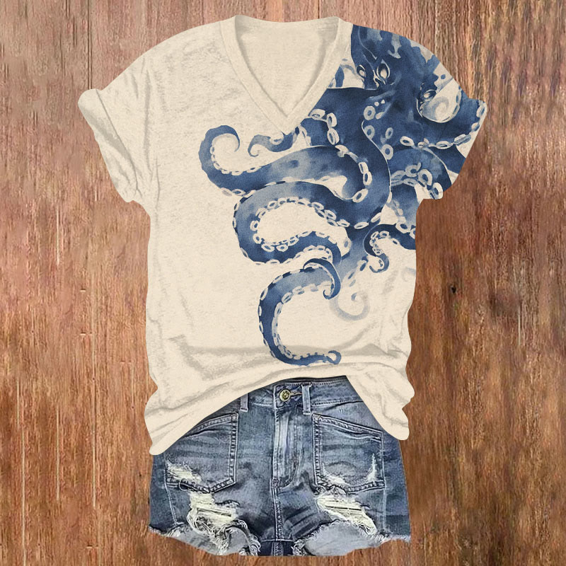 Japanese Watercolor Octopus Art Print T-shirt - Beige - US32-34(5XL) - image 1