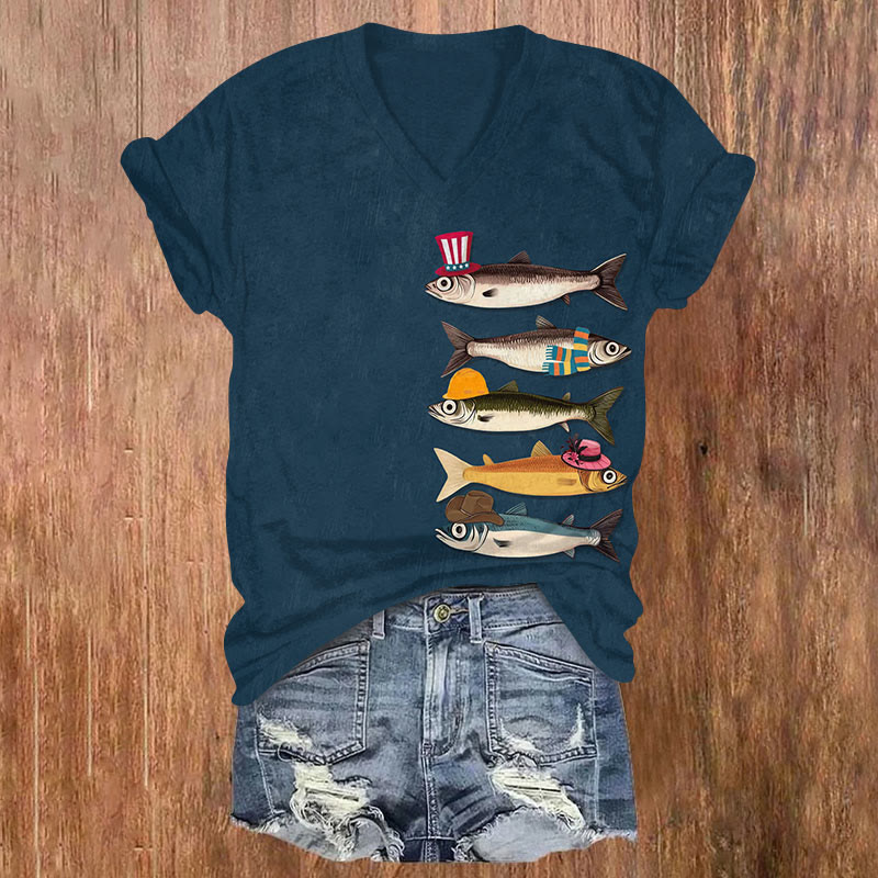 Japanese Funny Fish With Hat Art Print T-shirt - Dark Blue - US32-34(5XL) - image 2