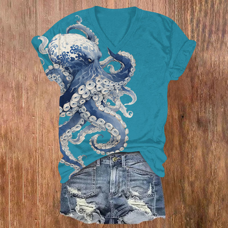 Japanese Vivid Cartoon Octopus Art Print T-shirt - Sky Blue - US32-34(5XL) - image 1