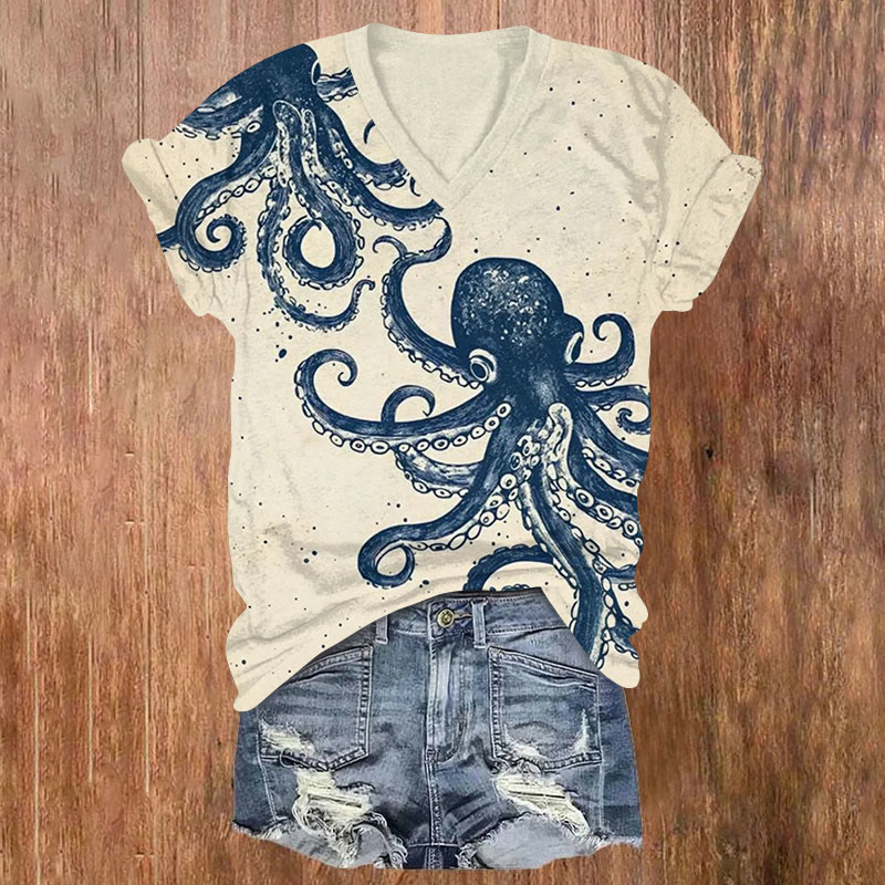 Japanese Funny Blue Cartoon Octopus Art Print T-shirt - Apricot - US32-34(5XL) - image 1