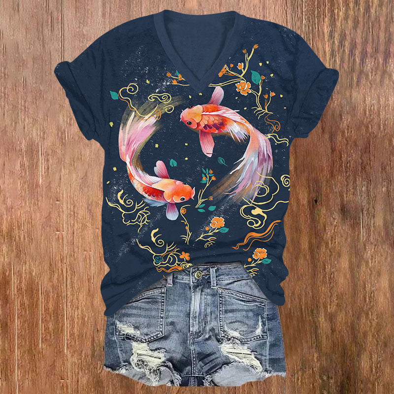 Japanese Fantasy Koi Fish Floral Art T-shirt - Blue - US32-34(5XL) - image 1