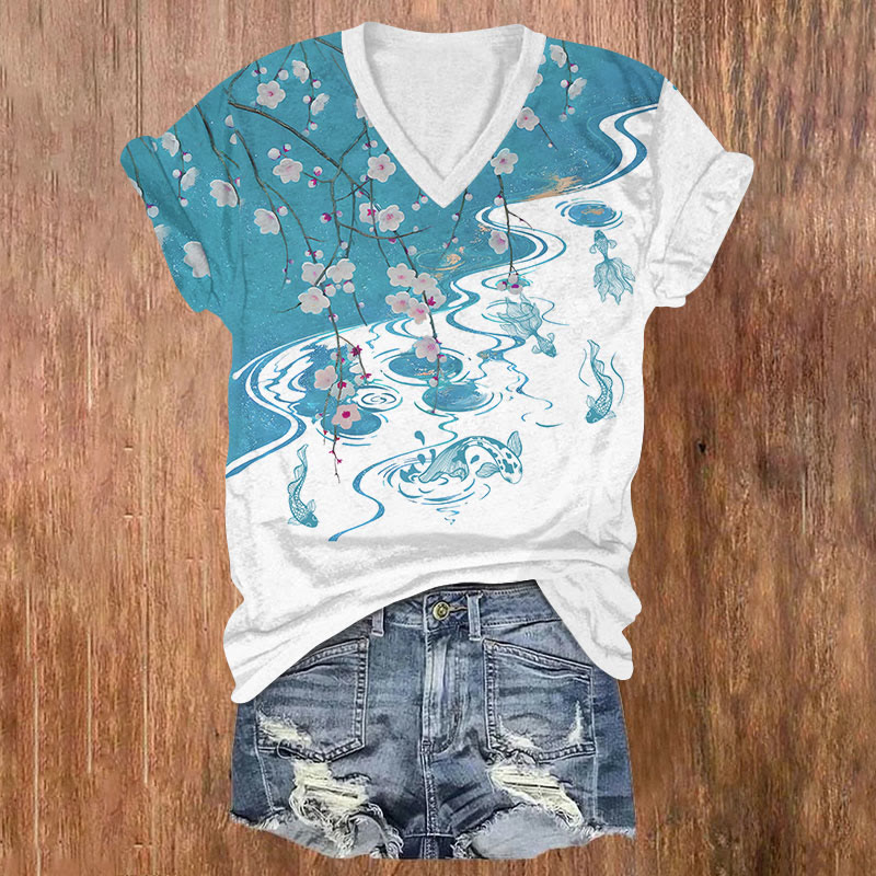 Vintage Japanese Sakura Goldfish Pond Art T-shirt - White - US32-34(5XL) - image 1