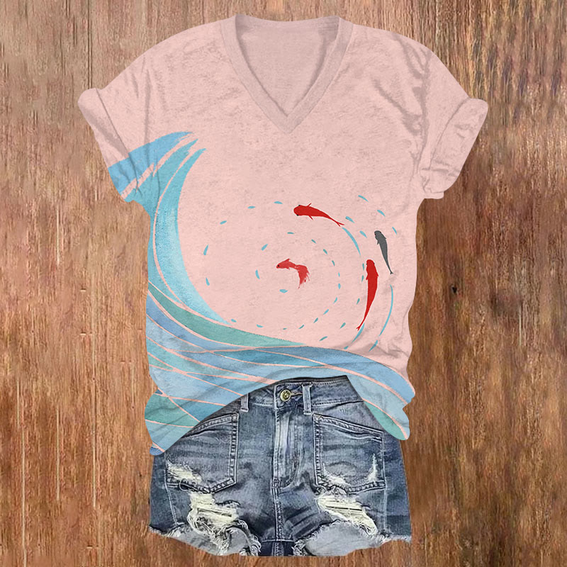 Vintage Ocean Wave Goldfish Circle Art T-shirt - Pink - US32-34(5XL) - image 1