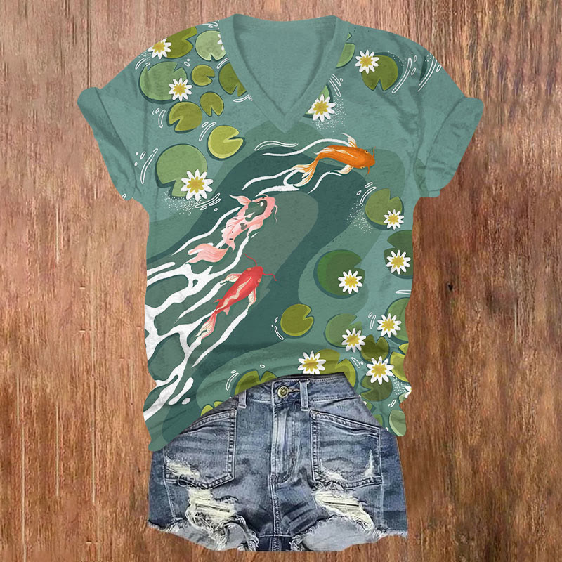 Watercolor Koi Lotus Floral Pond Art T-shirt - Green - US32-34(5XL) - image 1
