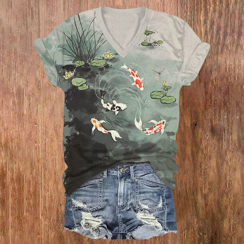 Ink Watercolor Koi Dragonfly Lotus Pond Art T-shirt - Green - US32-34(5XL) - image 1