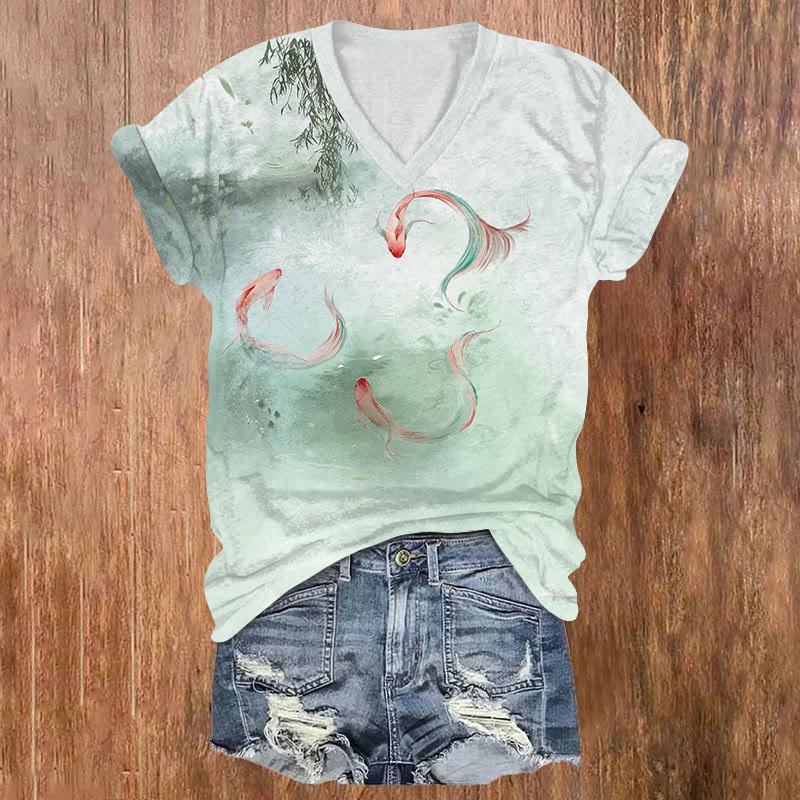 Fantasy Long Tail Fish Pond Willow Art T-shirt - Green - US32-34(5XL) - image 1