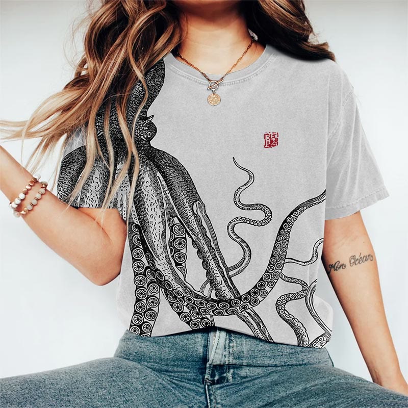 Japanese Art Octopus Art Print Casaul T-shirt - Grey - US44-46(8XL) - image 2