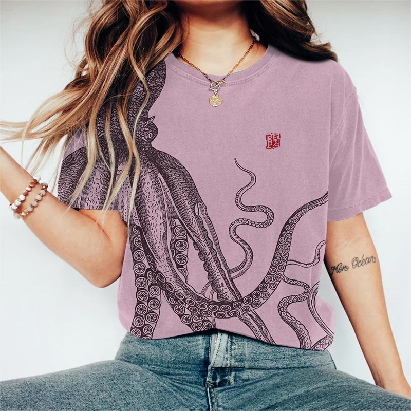 Japanese Art Octopus Art Print Casaul T-shirt - Pink - US44-46(8XL) - image 3