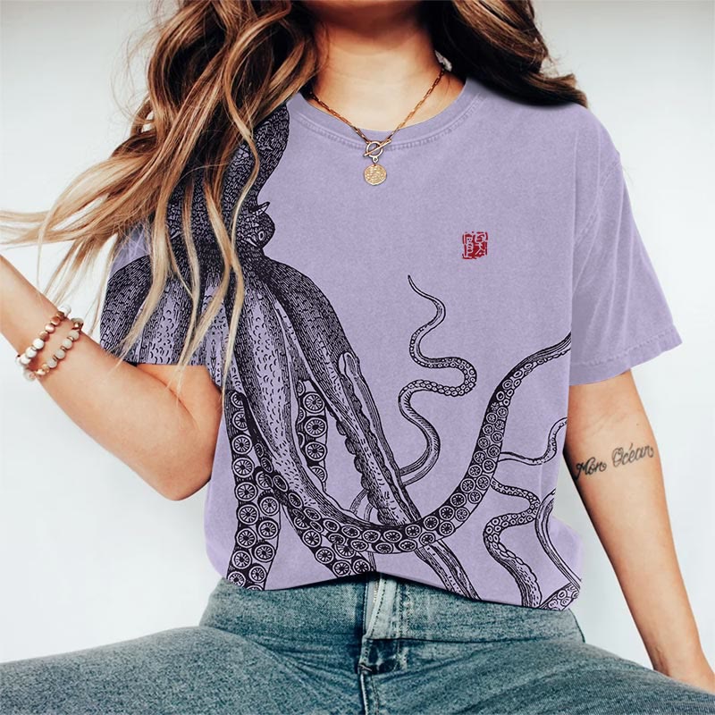 Japanese Art Octopus Art Print Casaul T-shirt - Purple - US44-46(8XL) - image 4